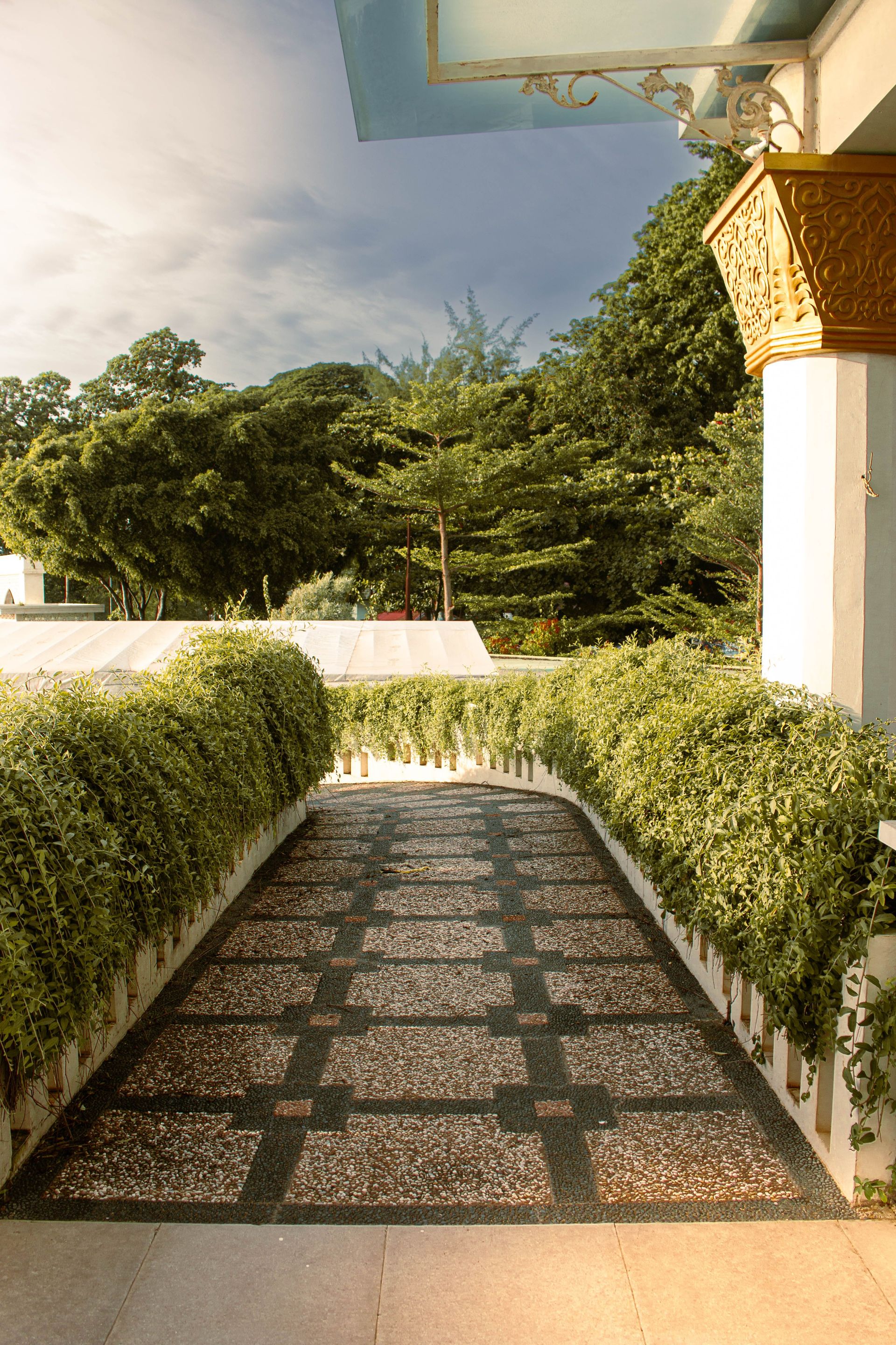 Elegant garden pathway lined with lush greenery under a clear sky.